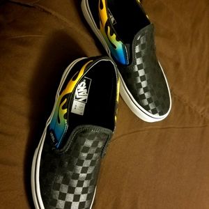 Vans Slip On Glow Flame Black Checkerboard Shoes (Glow in the Dark)